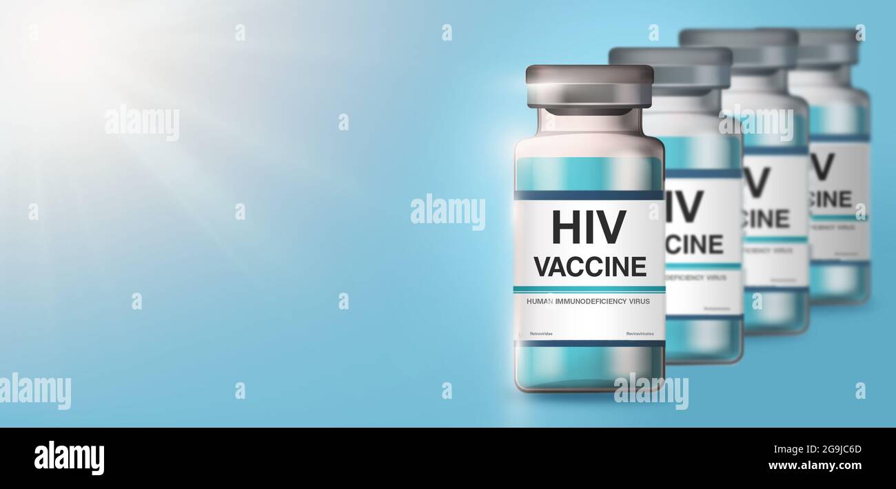Visualización abstracta de la nueva vacuna contra el VIH. Peligro salud pública riesgo enfermedad. Cura del virus de inmunodeficiencia humana con viales realistas de vacunas de virus Foto de stock