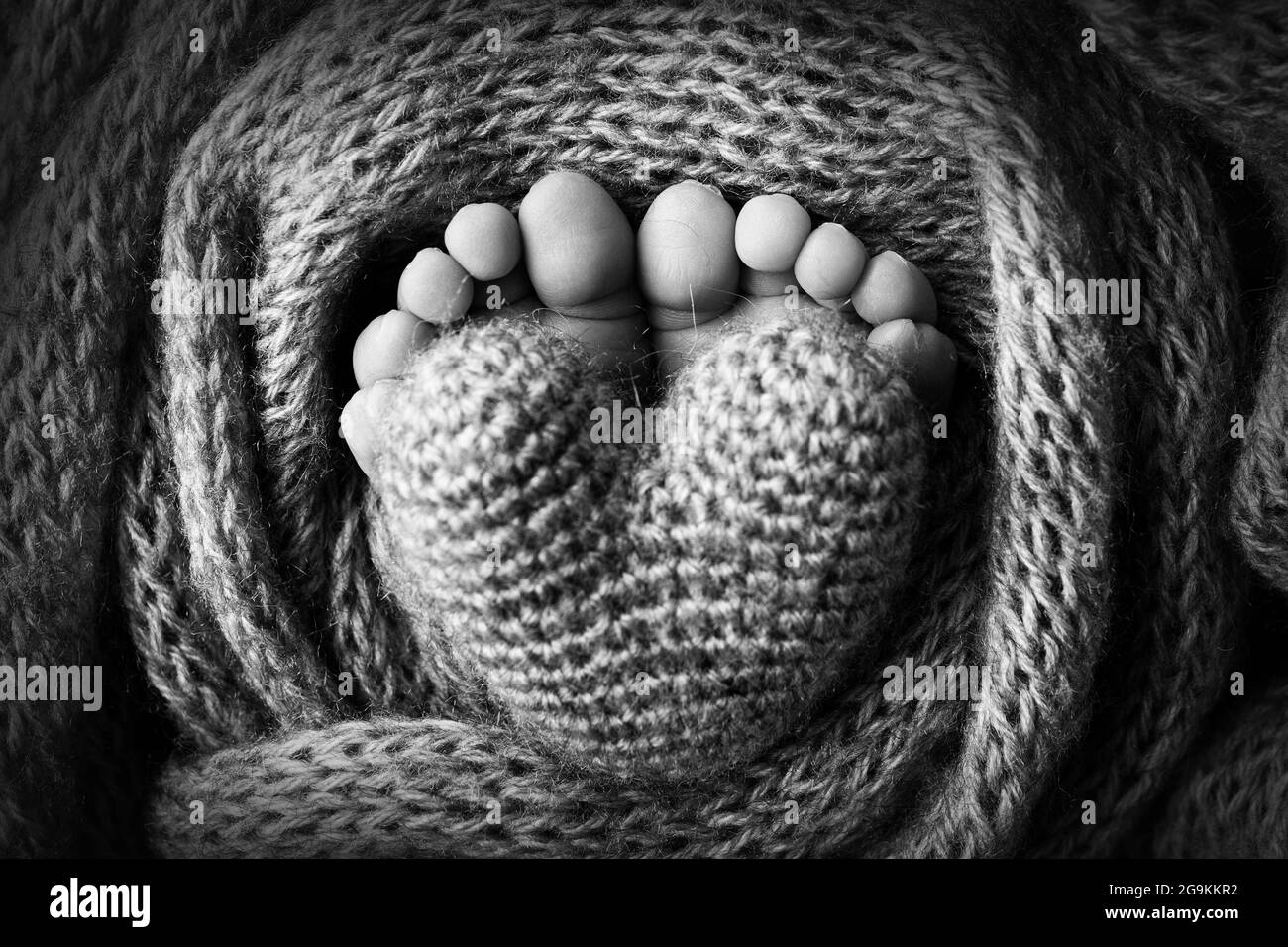 Los pies del bebé en una manta de lana azul claro y suave. Dedos de los pies pequeños. Corazón tejido en los dedos de los pies del bebé. Foto en blanco y negro. Foto de stock
