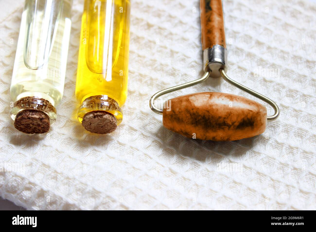 masajeador con rodillo facial con una hoja de monstera. Luz dura, sombras, el concepto de auto cuidado. Cuidado facial. Cero residuos. Tratamiento de levantamiento y tonificación en casa Foto de stock