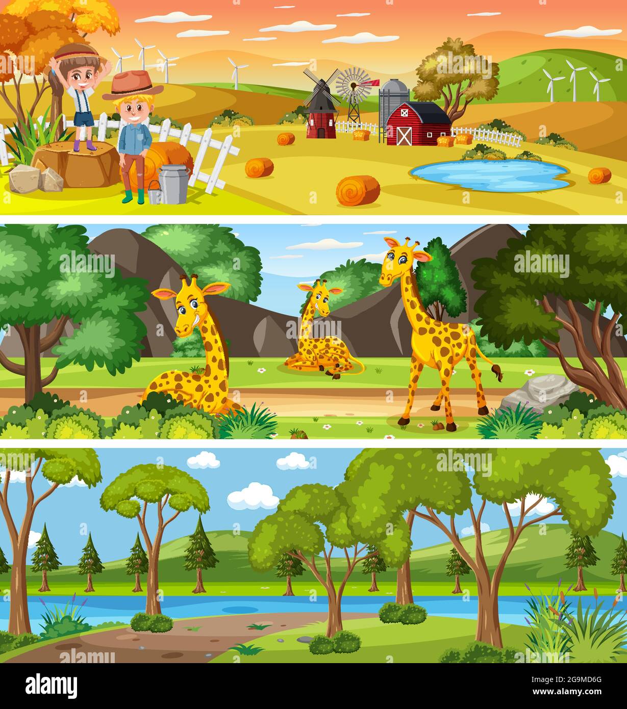 Conjunto de diferentes paisajes naturales en la escena diurna con  ilustración de personajes de dibujos animados Imagen Vector de stock - Alamy