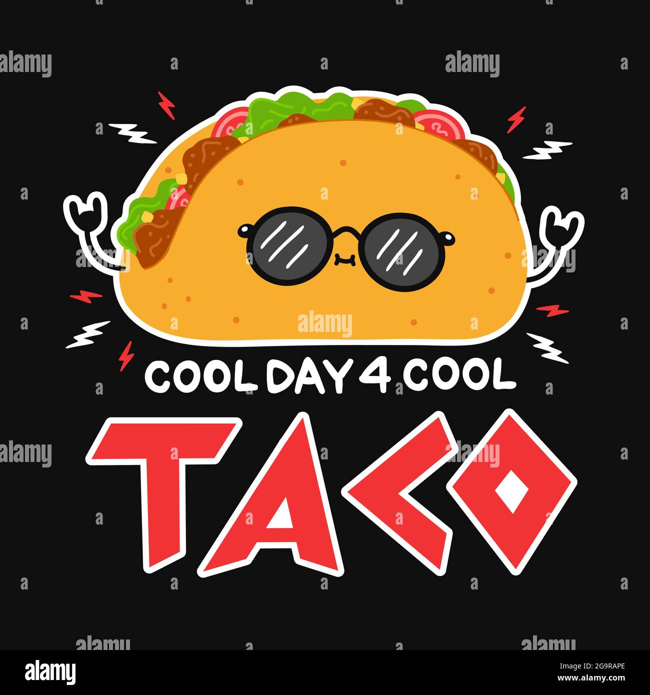 Lindo y divertido tacos en gafas de sol. Cool day for cool taco slogan quote poster. Icono de ilustración de carácter de dibujo animado vectorial dibujado a mano. Estampado de póster, tarjeta Lindo y divertido tacos en gafas de sol. Cool day for cool taco slogan quote poster. Icono de ilustración de carácter de dibujo animado vectorial dibujado a mano. Estampado de póster, tarjeta