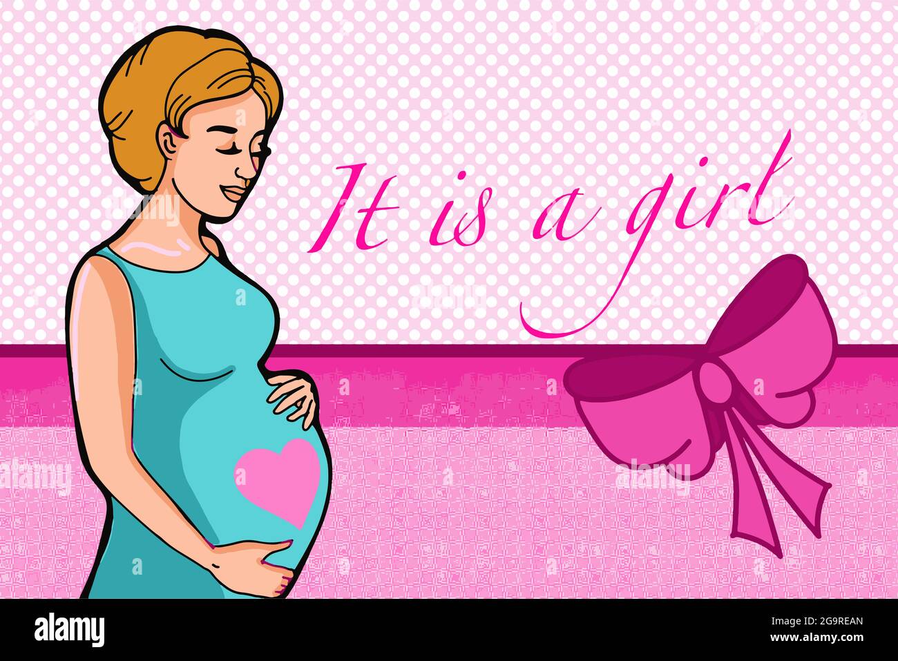 Dibujos animados, mujer embarazada mitad silueta del cuerpo, tarjeta de felicitación y rosa polka-punto banner, es una chica .Cute arco Fotografía de stock - Alamy Dibujos animados, mujer embarazada mitad silueta del cuerpo, tarjeta de felicitación y rosa polka-punto banner, es una chica .Cute arco Fotografía de stock - Alamy