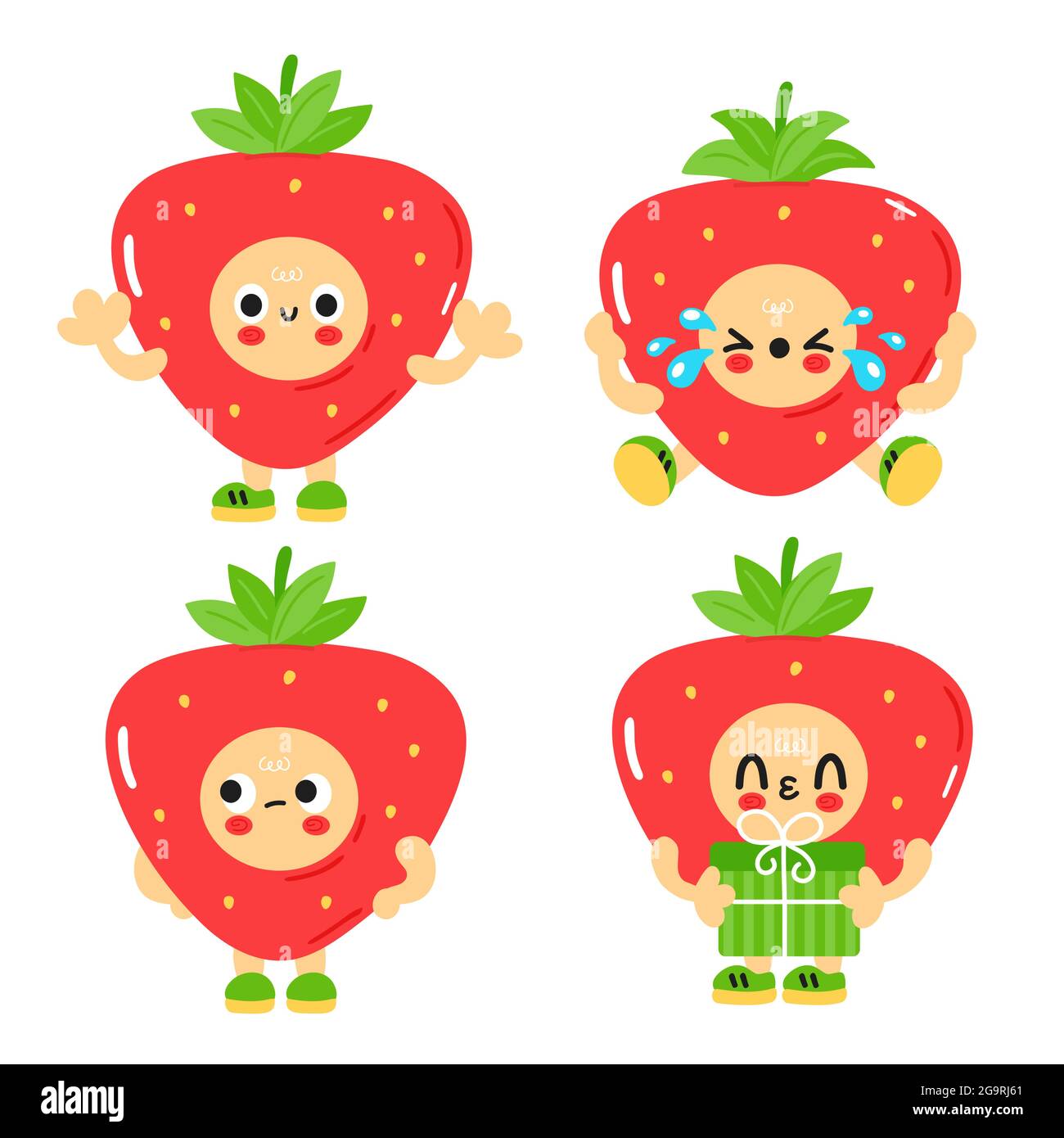 Bonita y divertida colección de fresas con rostro de bebé. Vector caricatura kawaii ilustración personaje niños emoji icono. Aislado sobre fondo blanco. Póster infantil de fresa, concepto de caricatura de caricatura Ilustración del Vector