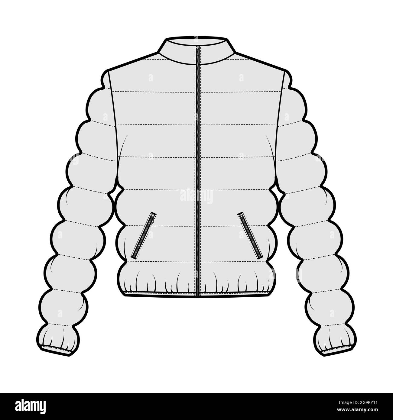 Plumón chaqueta abrigo técnica moda ilustración técnica con mangas largas,  cuello de pie, bolsillos, cadera largo, acolchado clásico. Frontal de  plantilla plana, estilo de color gris. Mujeres, hombres, unisex top CAD  mockup