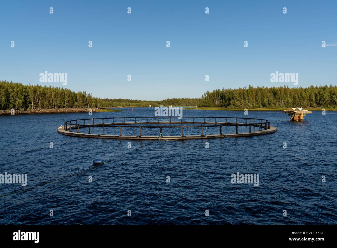 Laitakarintie, Finlandia - 24 de julio de 2021: Cerca de un tanque de pescado de una granja de salmón en la Bahía Bothniana de Finlandia, en el norte del Mar Báltico Foto de stock