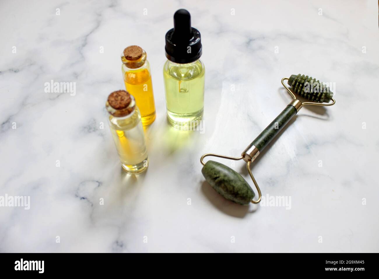 masajeador con rodillo facial con una hoja de monstera. Luz dura, sombras, el concepto de auto cuidado. Cuidado facial. Cero residuos. Tratamiento de levantamiento y tonificación en casa Foto de stock