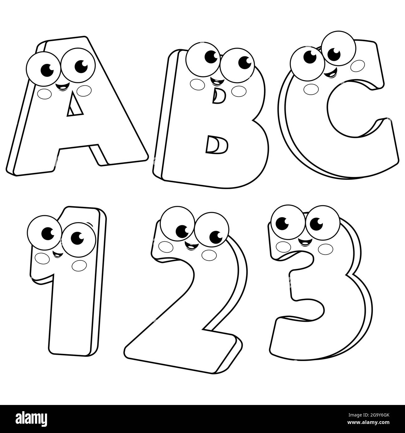 Letras y números de dibujos animados. Página para colorear en blanco y  negro Fotografía de stock - Alamy