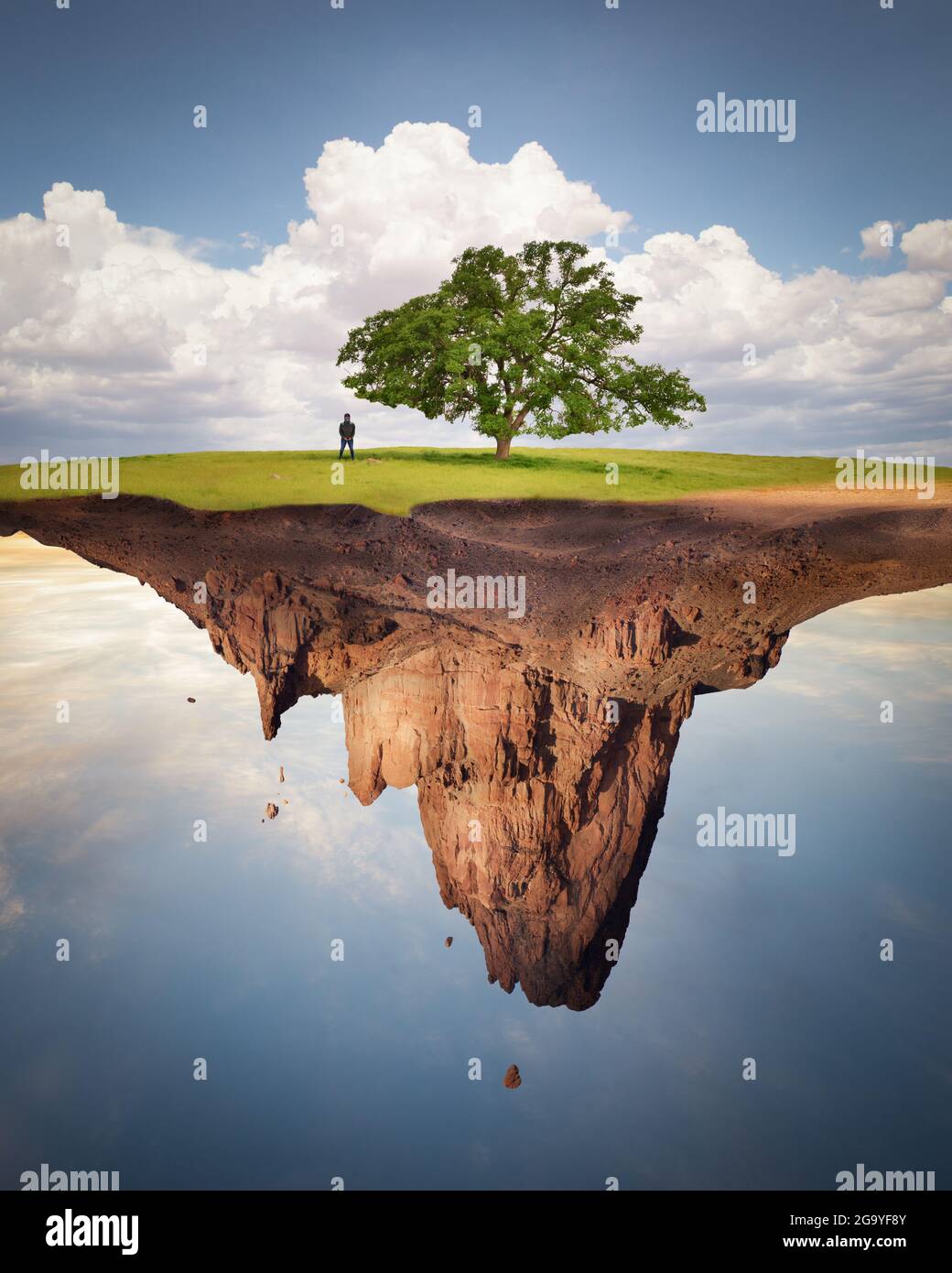 Hombre de pie bajo un árbol en una parcela flotante de tierra, EE.UU Foto de stock