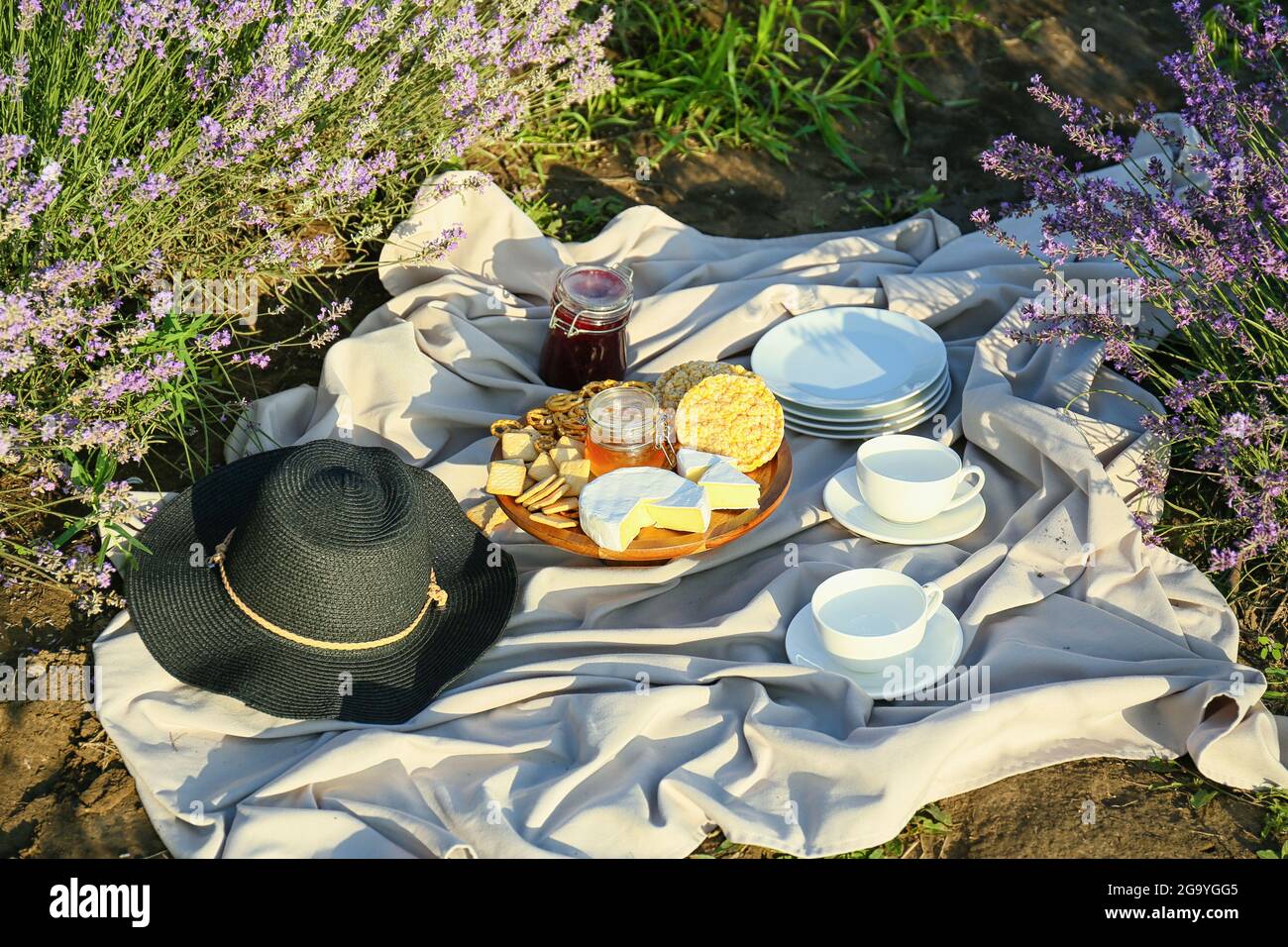 Sabrosa comida para picnic romántico en campo de lavanda Fotografía de  stock - Alamy