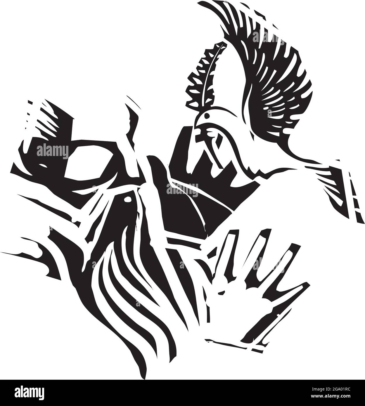 Paloma de paz de estilo expresionista tallados en madera volando con una rama de olivo volando en las manos bíblicas de noé. Ilustración del Vector