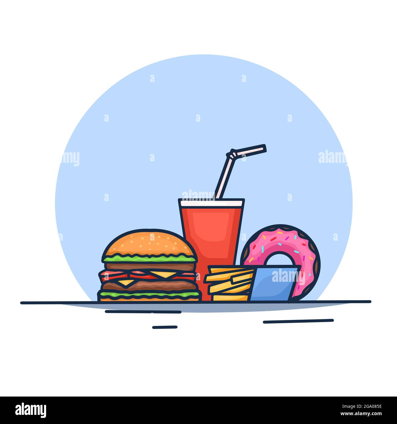 Ilustración del contorno de moda de la comida chatarra. Un vaso de refresco,  una hamburguesa, patatas fritas y un donut. Dibujo animado vectorial  Esquema moderno ilustración de malsano Imagen Vector de stock -