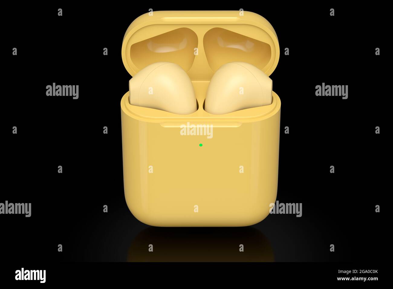 Auriculares Bluetooth inalámbricos en carcasa amarilla aislados sobre fondo negro. 3D Representación de accesorios para escuchar música o trabajar lejos de casa Foto de stock
