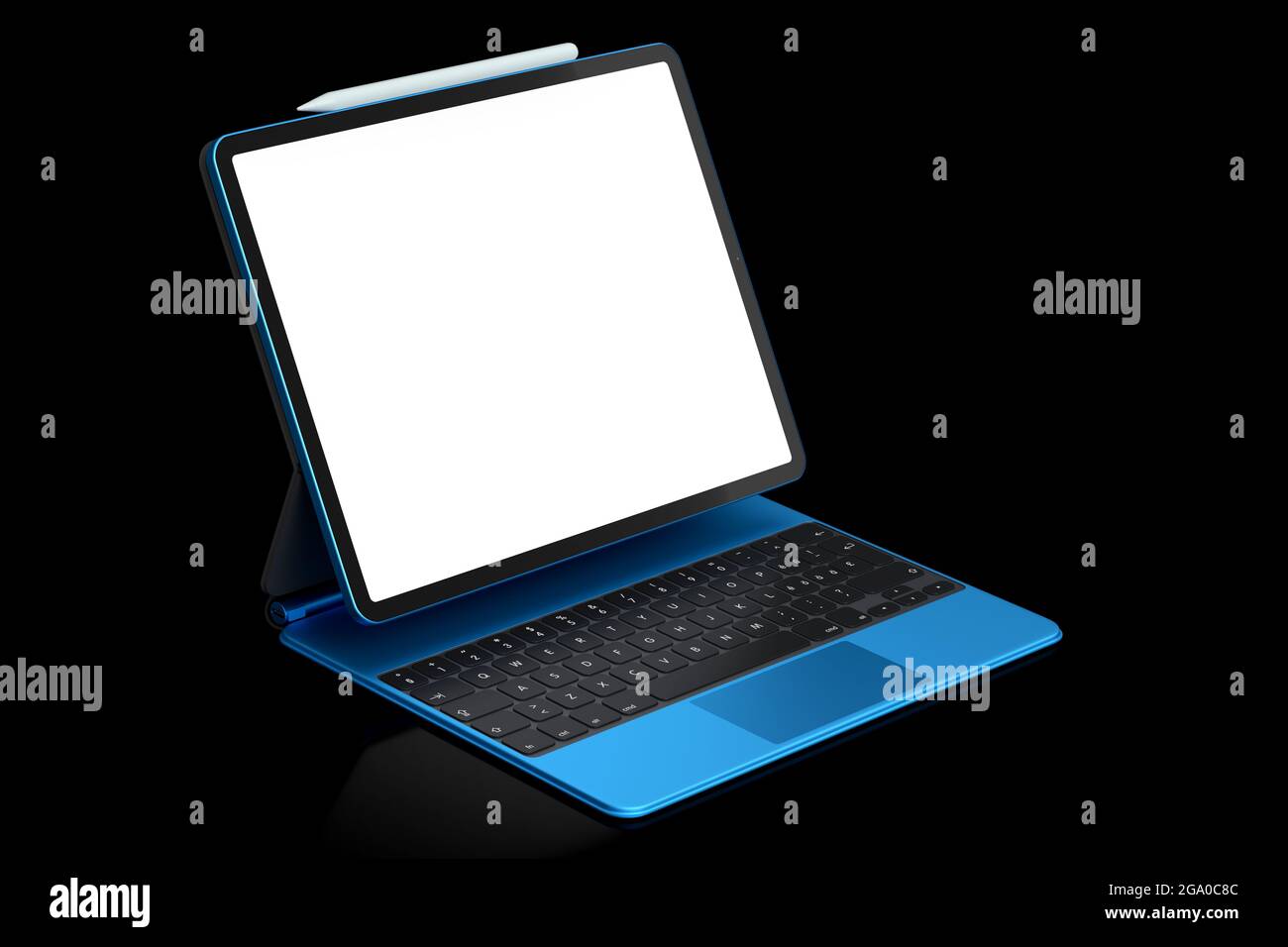 Tableta de ordenador con teclado y pantalla en blanco aislada sobre fondo negro. 3D Concepto de representación de equipos de diseño creativo y espacio de trabajo compacto Foto de stock