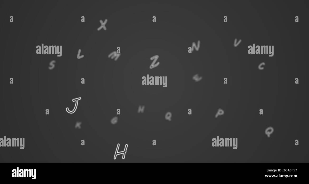 Letras aleatorias en el alfabeto flotando hacia delante en un amplio espacio vacío Foto de stock