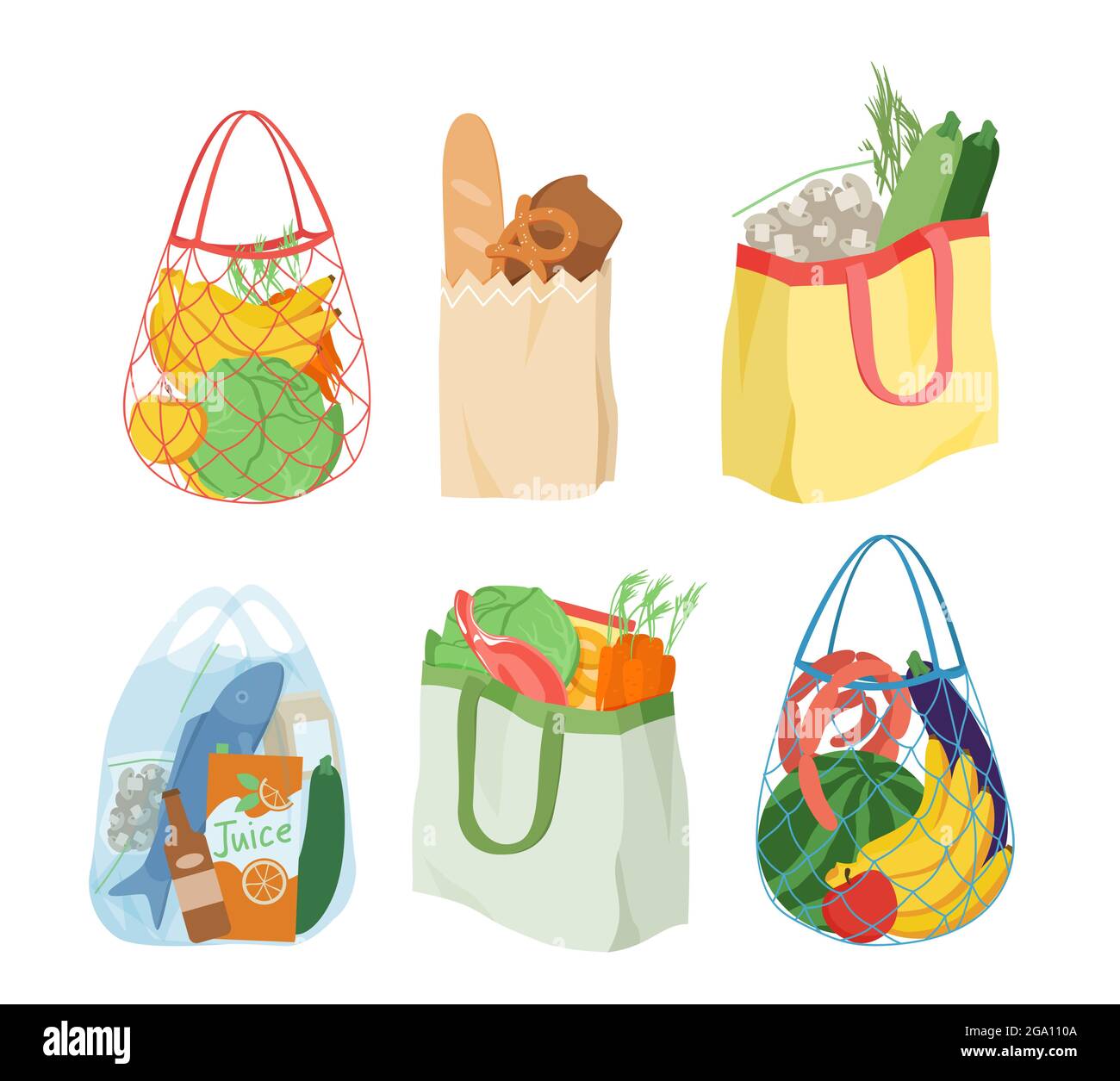 Bolsas de papel o plástico con productos frescos sanos aislados en blanco, reutilizables y de dibujos animados Bolsas de compras llenas de fruta, verduras de la tienda de comestibles Vector