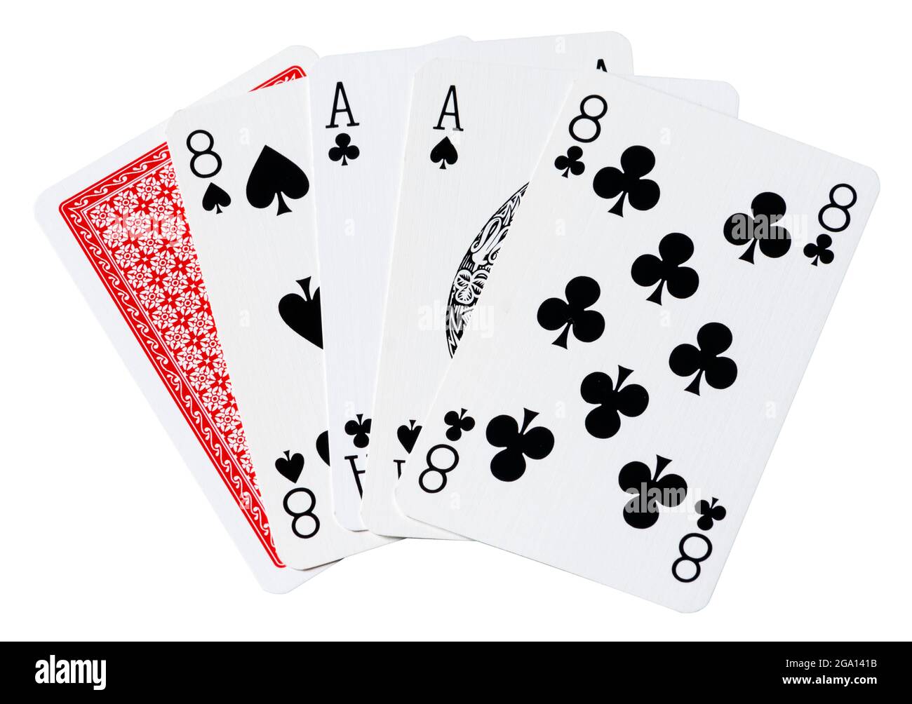 Aces y Eights, conocidos como 'la mano del hombre', aislados sobre un fondo blanco con trazado de recorte Foto de stock