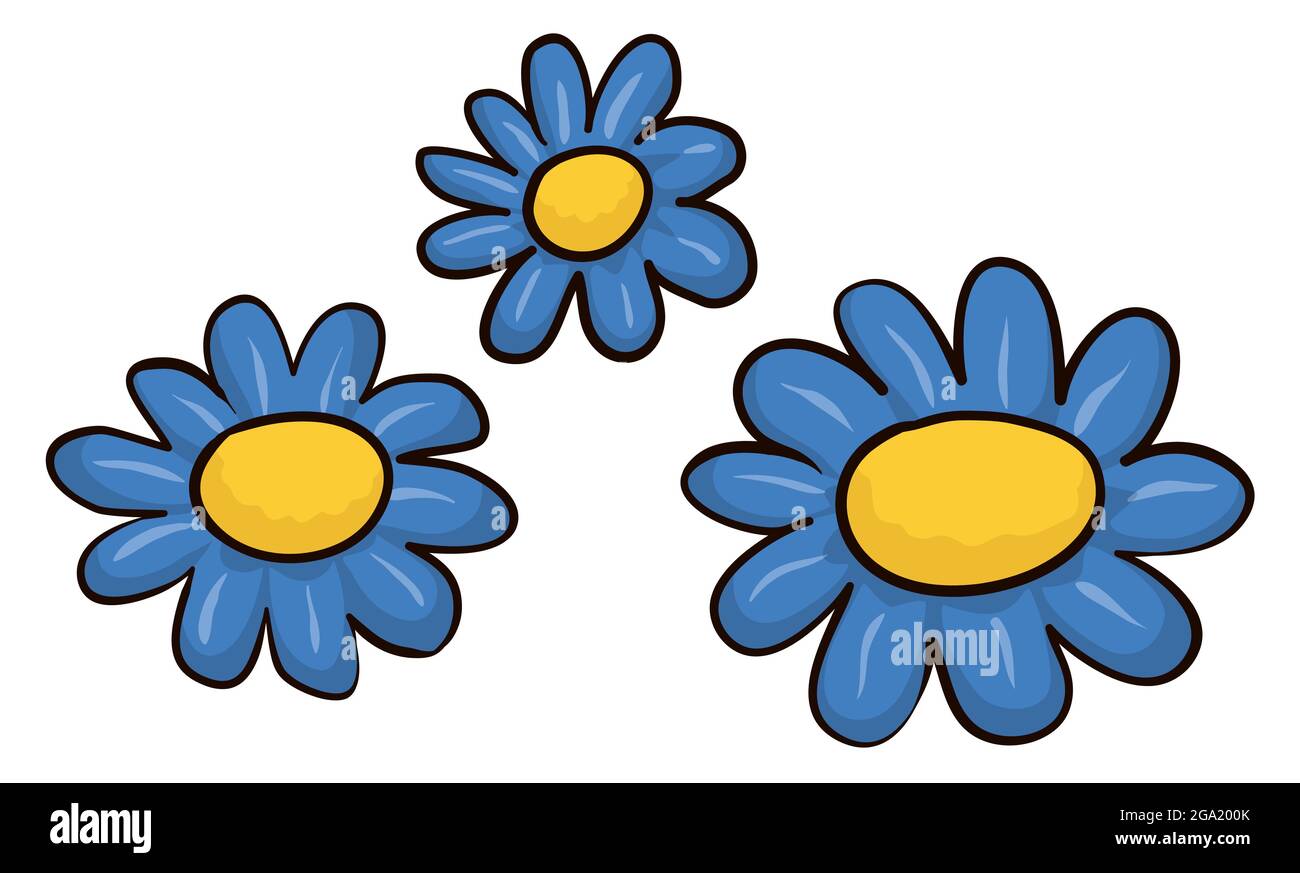 Conjunto con tres hermosas flores con pétalos azules y discos amarillos en  estilo de dibujos animados y contornos, aislados sobre fondo blanco Imagen  Vector de stock - Alamy