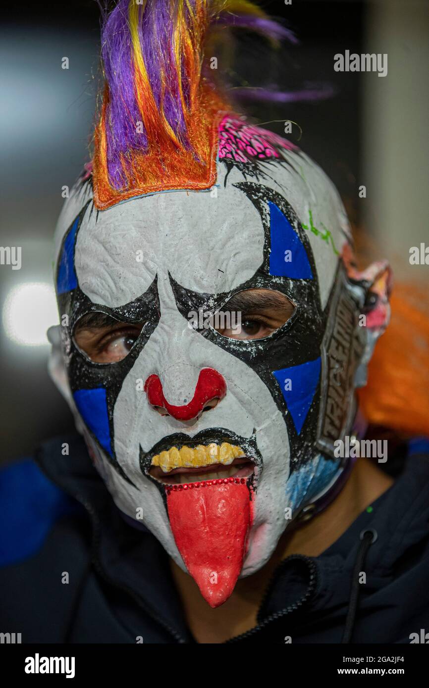 Ciudad de México, México, 27 de julio de 2021:Psycho Clown asiste al  funeral de la leyenda de la lucha, José Luis Alvarado Nieves (Super Porky)  que murió a la edad de 56