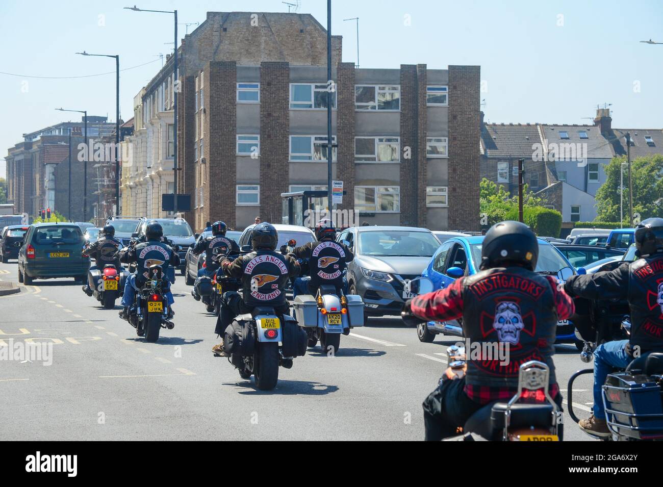 Hells Angels viaja a través de Margate, Kent, Reino Unido Foto de stock