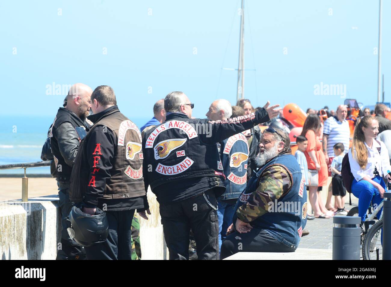UK Hells Angels visto en Margate Beach, Reino Unido. Foto de stock