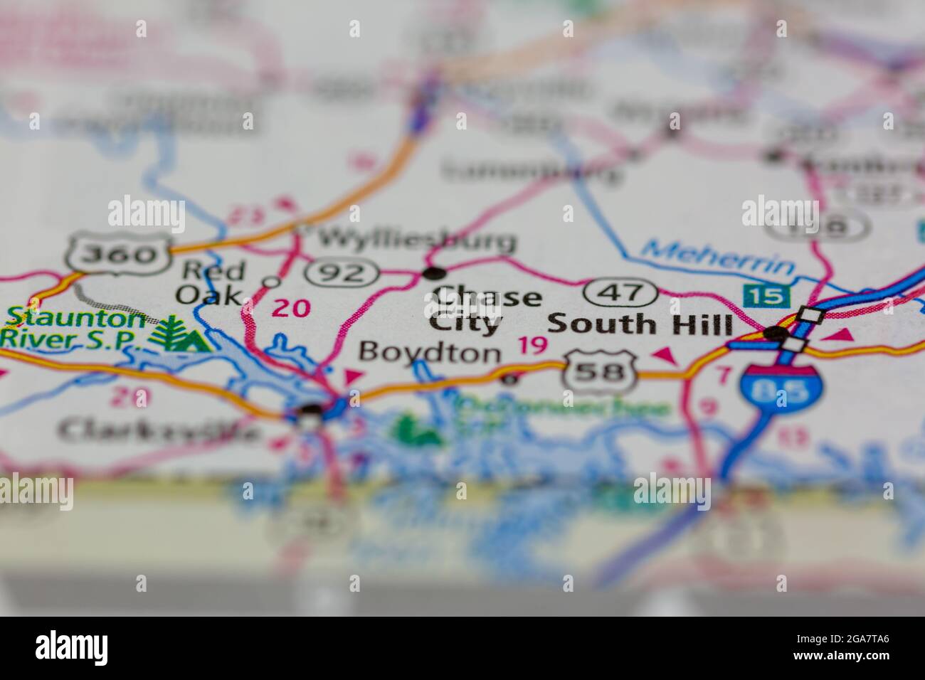 Chase City Virginia se muestra en un mapa de carreteras o mapa