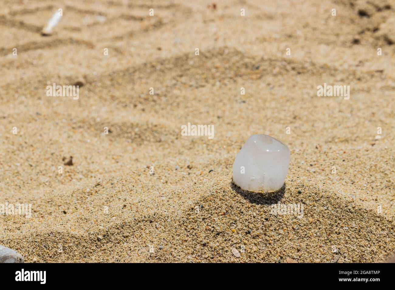 Cubito de hielo en la arena durante un día soleado Foto de stock