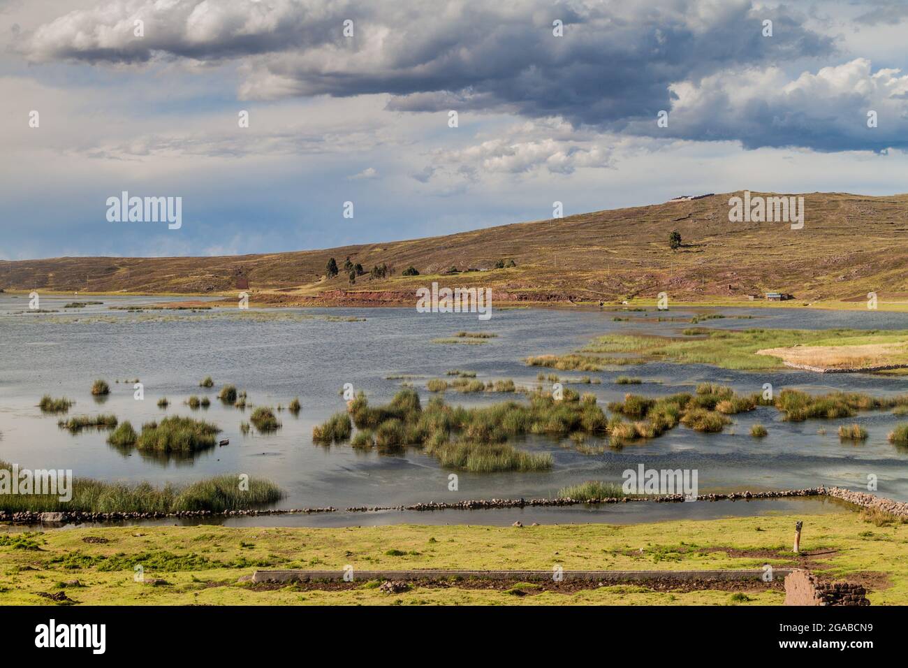 Lago Umayo cerca de las ruinas de Sillustani, Perú Foto de stock