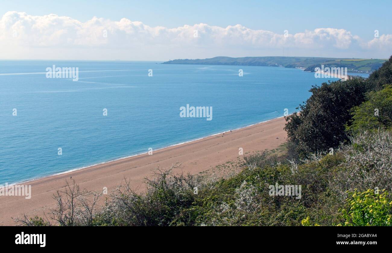 La playa en Strete y Start Bay, en Spring, Devon, Reino Unido. Foto de stock