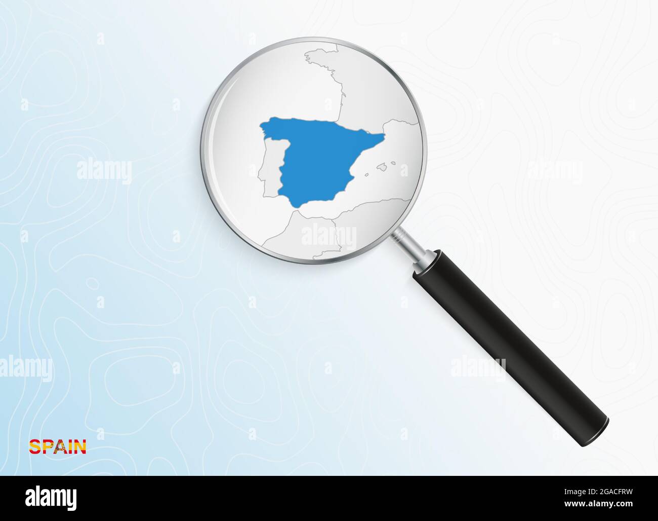Lupa con mapa de España sobre fondo topográfico abstracto. Mapa vectorial  Imagen Vector de stock - Alamy