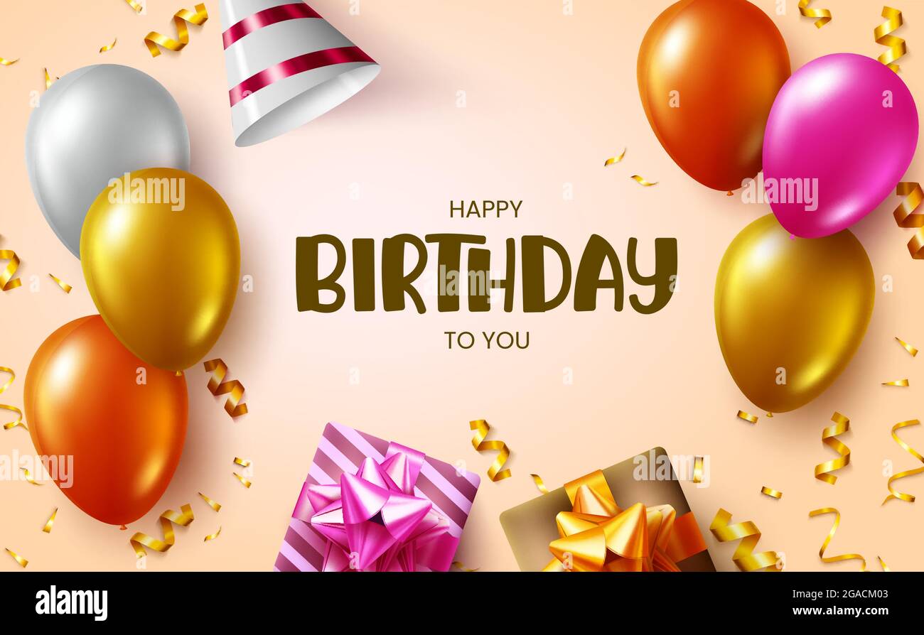 Diseño de fondo de vector de cumpleaños. Feliz cumpleaños para ti texto de  saludo con globos flotantes, regalos y elementos de decoración de oro  confeti Imagen Vector de stock - Alamy