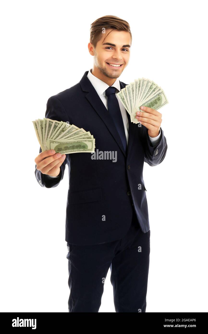 Elegante hombre en traje con dinero aislado en blanco Fotografía de stock -  Alamy