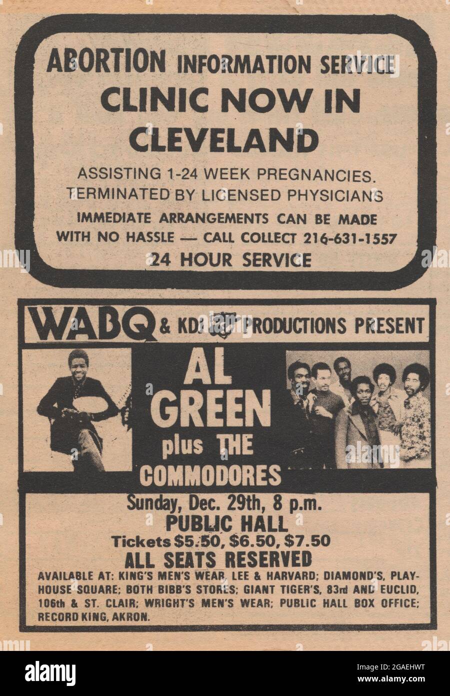 1974 anuncio de clínica de aborto, Cleveland, Ohio, en anuncios clasificados junto al concierto de rock Al Green. Foto de stock