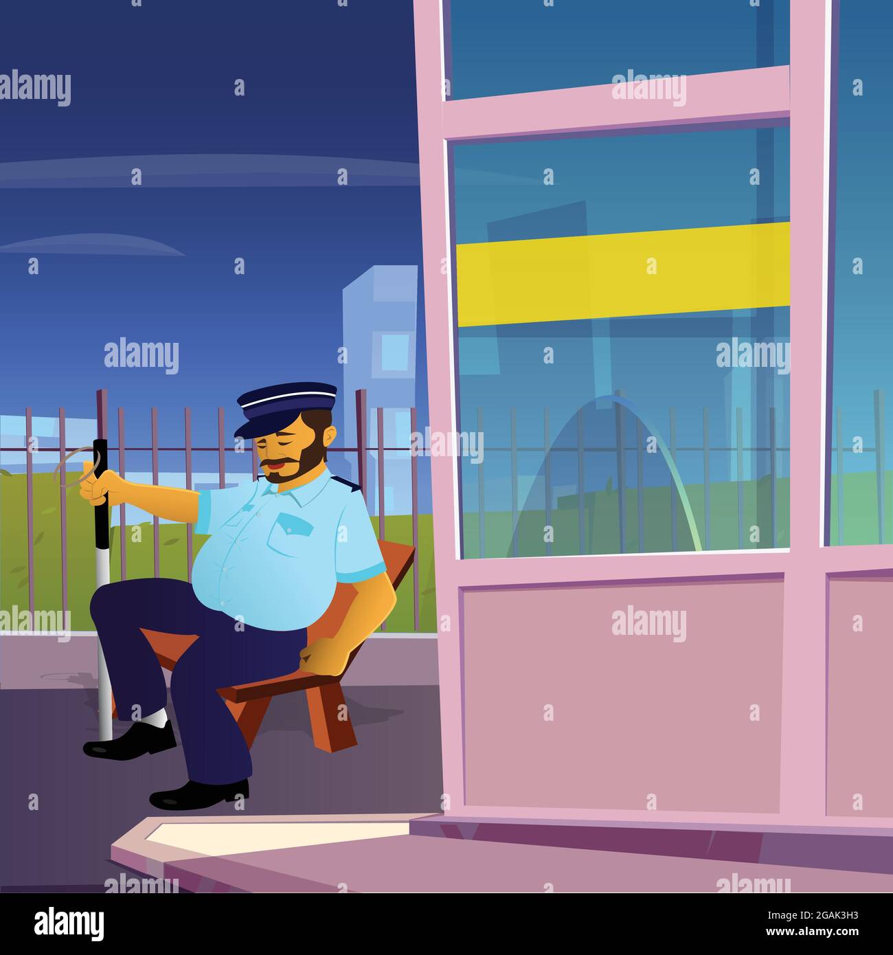 Diseño de dibujos animados de la guardia de seguridad sentado frente a la  oficina Imagen Vector de stock - Alamy