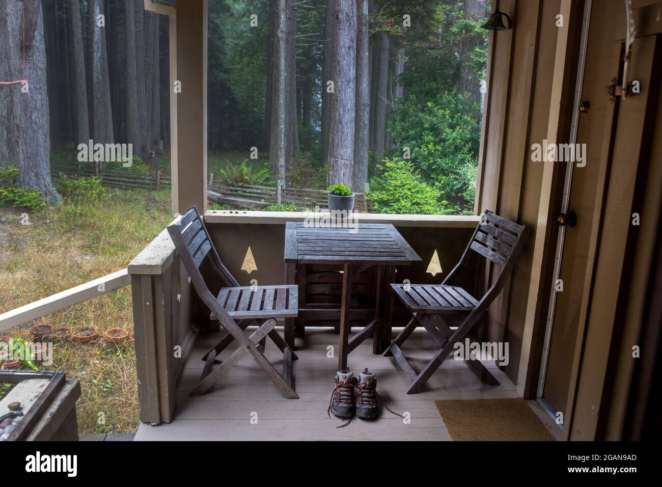 Zona de estar al aire libre de una casa de campo en el bosque. Mendocino, California, Estados Unidos. Foto de stock