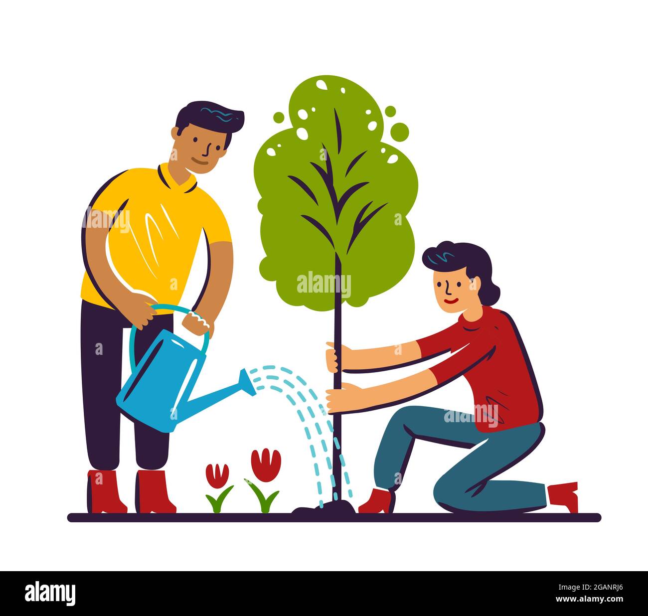 Gente voluntarios planta árbol. Cuidado del medio ambiente, cuestiones  ecológicas, ahorro de la naturaleza y el concepto de día de la Tierra.  Ilustración plana de dibujos animados Imagen Vector de stock -