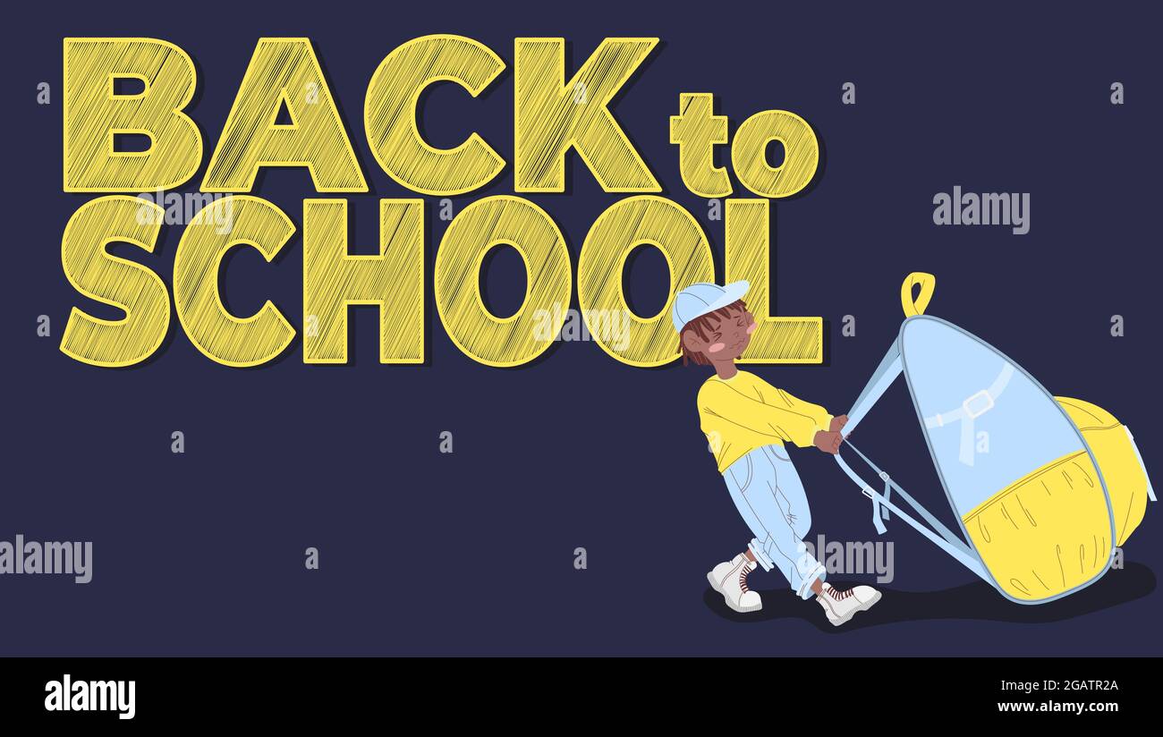 Un niño afroamericano en una gorra arrastra una mochila grande. Preescolar  con mochila sobre fondo azul oscuro y eslogan de vuelta a la escuela.  Ilustración de dibujos animados Imagen Vector de stock -