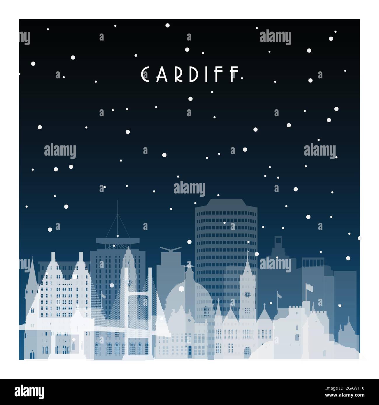 Noche de invierno en Cardiff. Ciudad nocturna en estilo plano para pancarta, cartel, ilustración, fondo. Ilustración del Vector