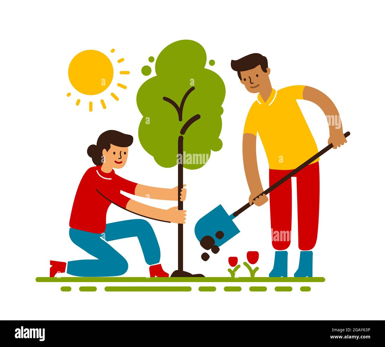 Las personas plantan árboles en estilo plano. Salvar el medio ambiente,  cuidar la ecología de la naturaleza Imagen Vector de stock - Alamy