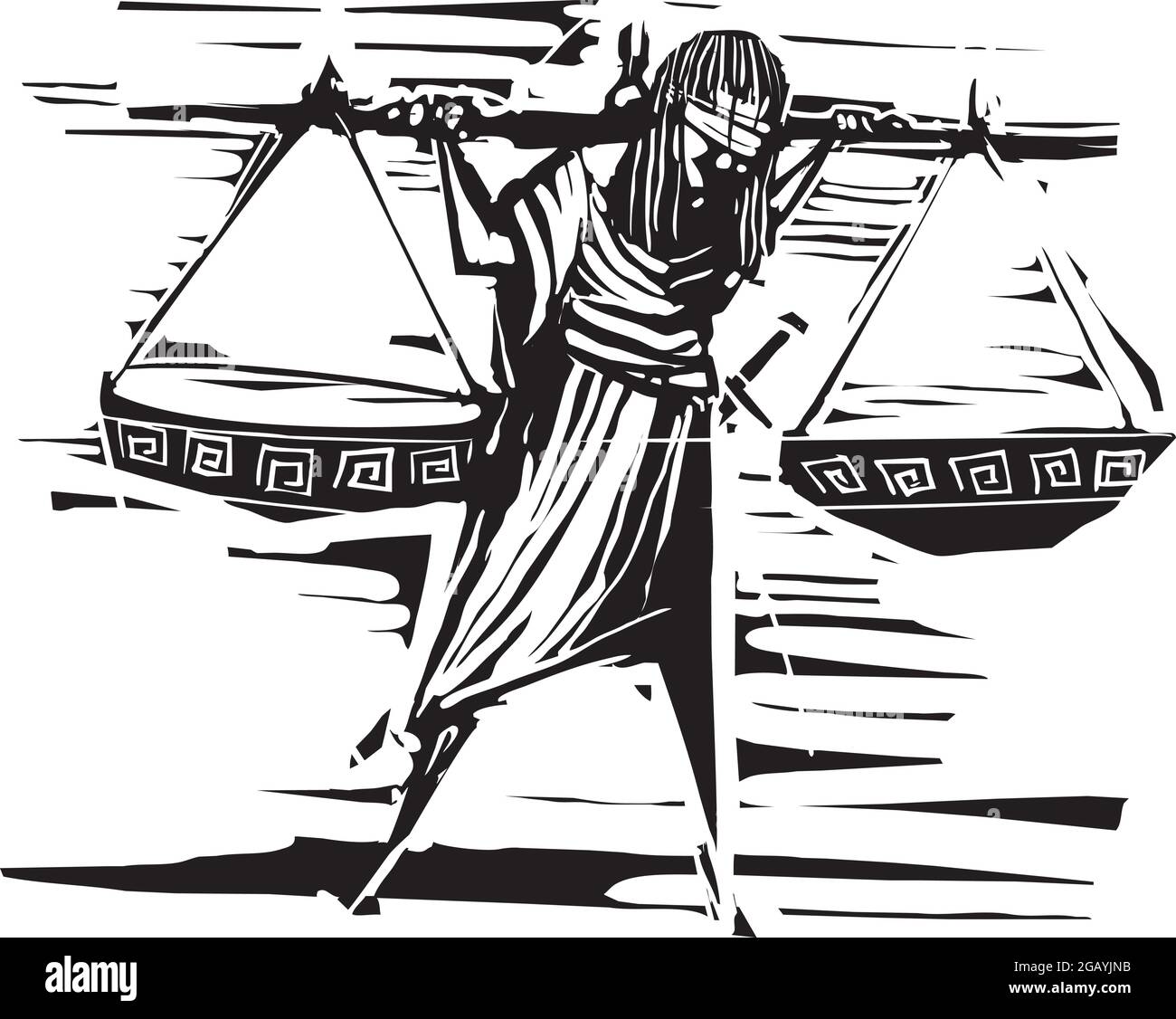 Corte en madera estilo expresionista Imagen de Justicia vendados con los ojos y con escalas en su espalda. Ilustración del Vector