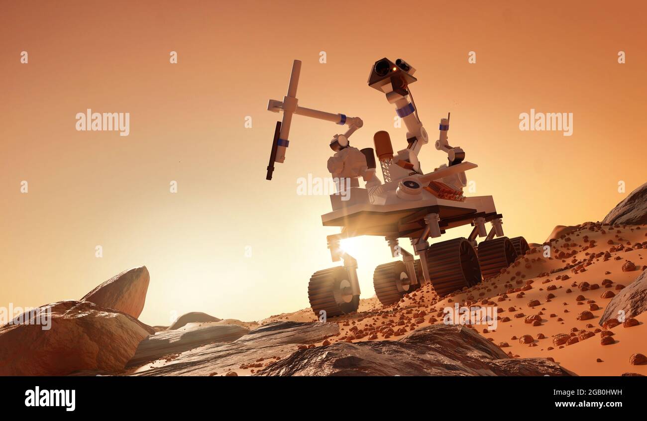 Explorar y aprender sobre el planeta Marte. un rover que explora la superficie marciana. Ilustración 3D. Foto de stock