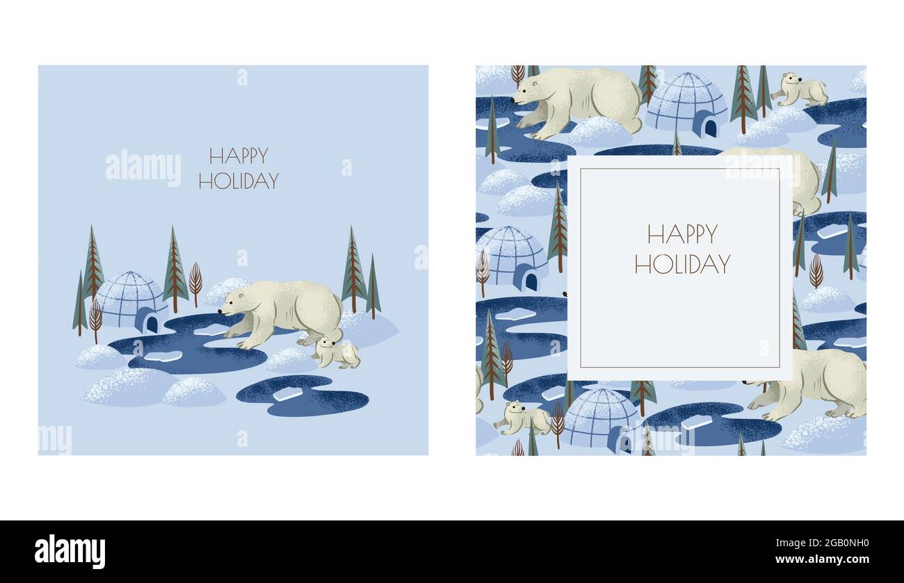 Tarjeta de felicitación navideña con osos árticos blancos. Ilustración del Vector
