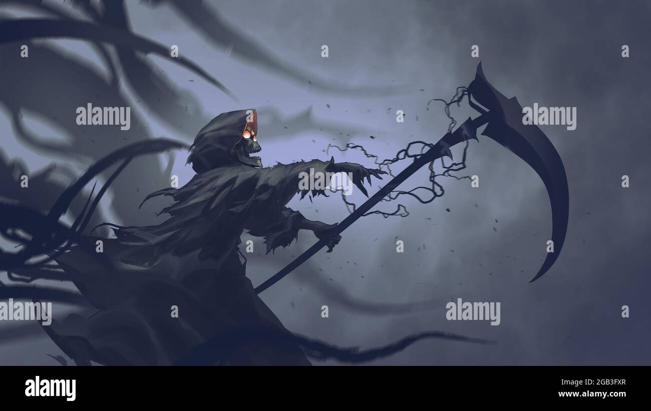 La muerte como se conoce como Gim Reaper proyecta magia negra en el scythe, el estilo de arte digital, la pintura de la ilustración Foto de stock