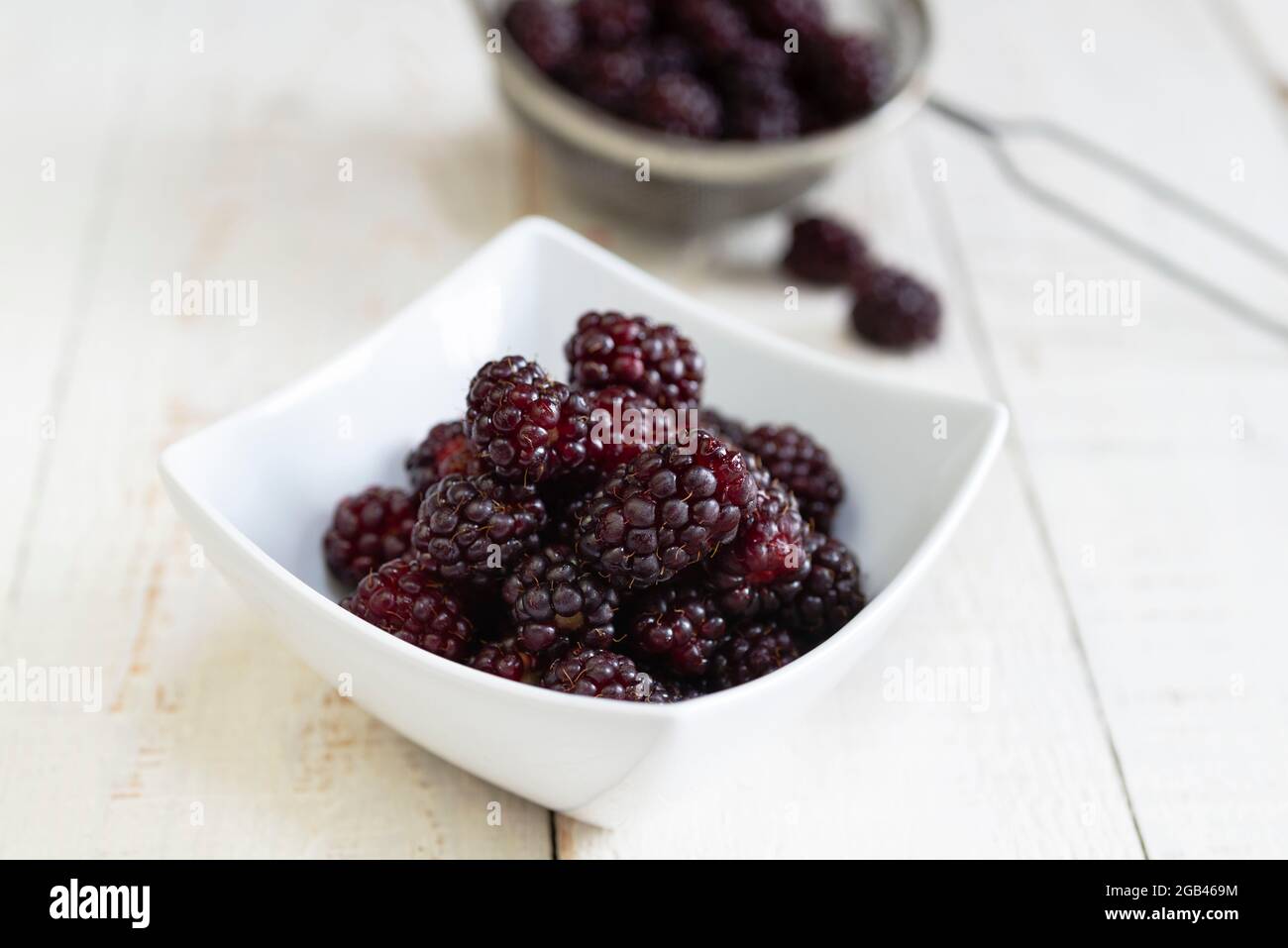 Un tazón de berries recién recogidos sobre una mesa blanca. Foto de stock