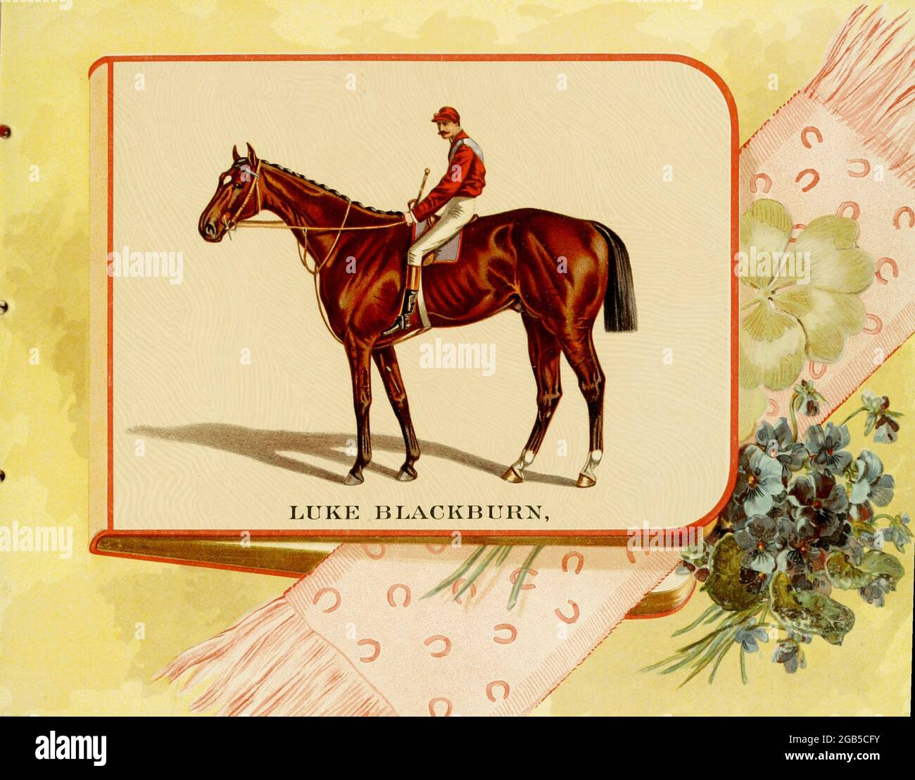 Luke Blackburn (1877-1904) fue un caballo de raza pura, nacido y criado en Tennessee por el Capitán James Franklin. Fue introducido en el Salón de la Fama de las Carreras de Caballos de Estados Unidos en 1956. Del ' Álbum de famosos caballos de carrera americanos e ingleses ' de Kinney Bros Publicado en Nuevo Tu en 1888 por Kinney Brothers para avanzar en las ventas de sus marcas de cigarrillos. Kinney Tobacco Company fue una empresa estadounidense de fabricación de cigarrillos que creó la marca de cigarrillos Sweet Caporal y la promovió con tarjetas comerciales de colección. Siendo un fabricante de cigarrillos líder del 1870-1880s, se fusionó en 1890 en Foto de stock