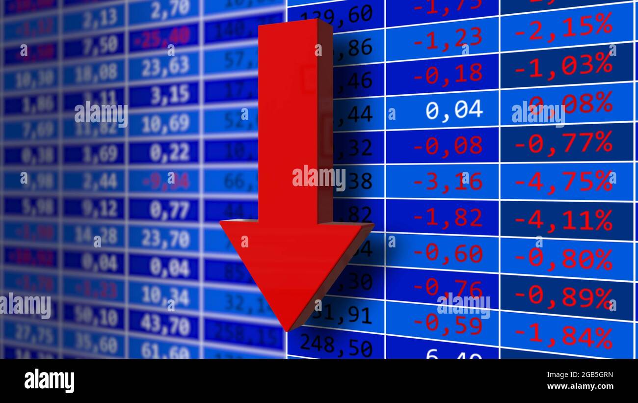 Antecedentes de las cotizaciones bursátiles - gráficos del mercado de  valores e indicadores del mercado en la vista de los datos financieros -  flecha roja para la tendencia a la baja -