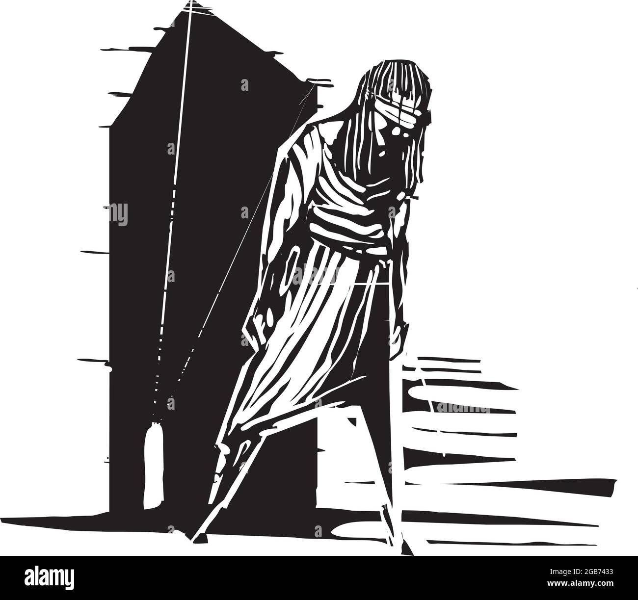 Ilustración de estilo expresionista tallado en madera de una mujer ciega que no sabe que ha salido de un túnel. Ilustración del Vector