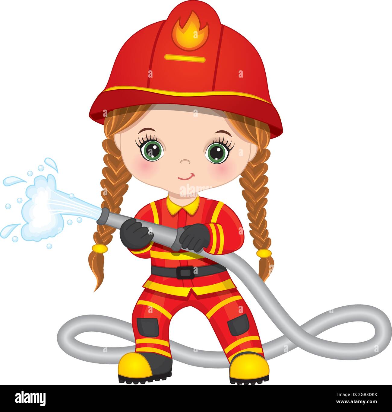 Linda niña de bombero con cabeza de revuelto con manguera de fuego. Vector Bombero  Chica Imagen Vector de stock - Alamy