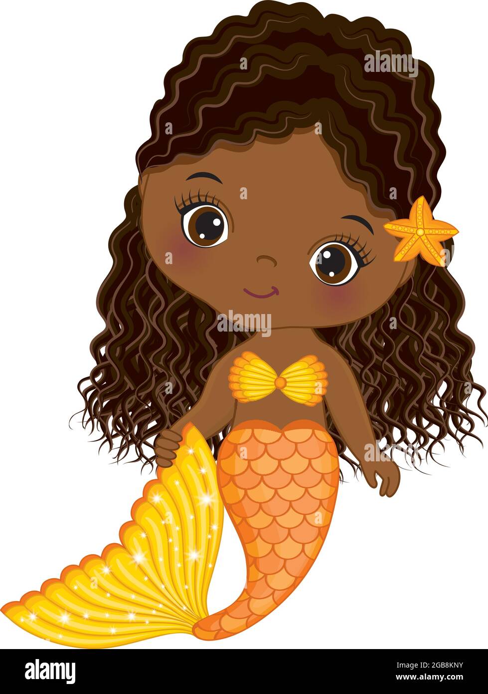 La Sirenita de bebé negra con cola de pescado naranja, pelo largo de y pez estrella. La Sirenita de Vector Baby Imagen Vector stock - Alamy