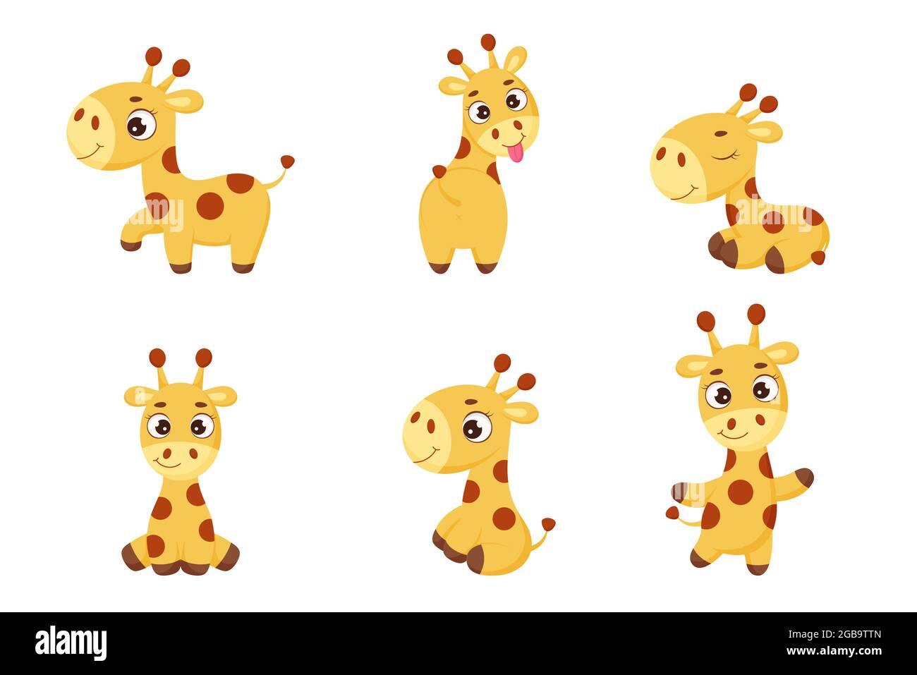 Conjunto de jirafa linda con diferentes poses. Divertido personaje de  dibujos animados para imprimir, tarjetas, ducha de bebé, invitación, fondos  de pantalla, decoración. De color brillante Imagen Vector de stock - Alamy