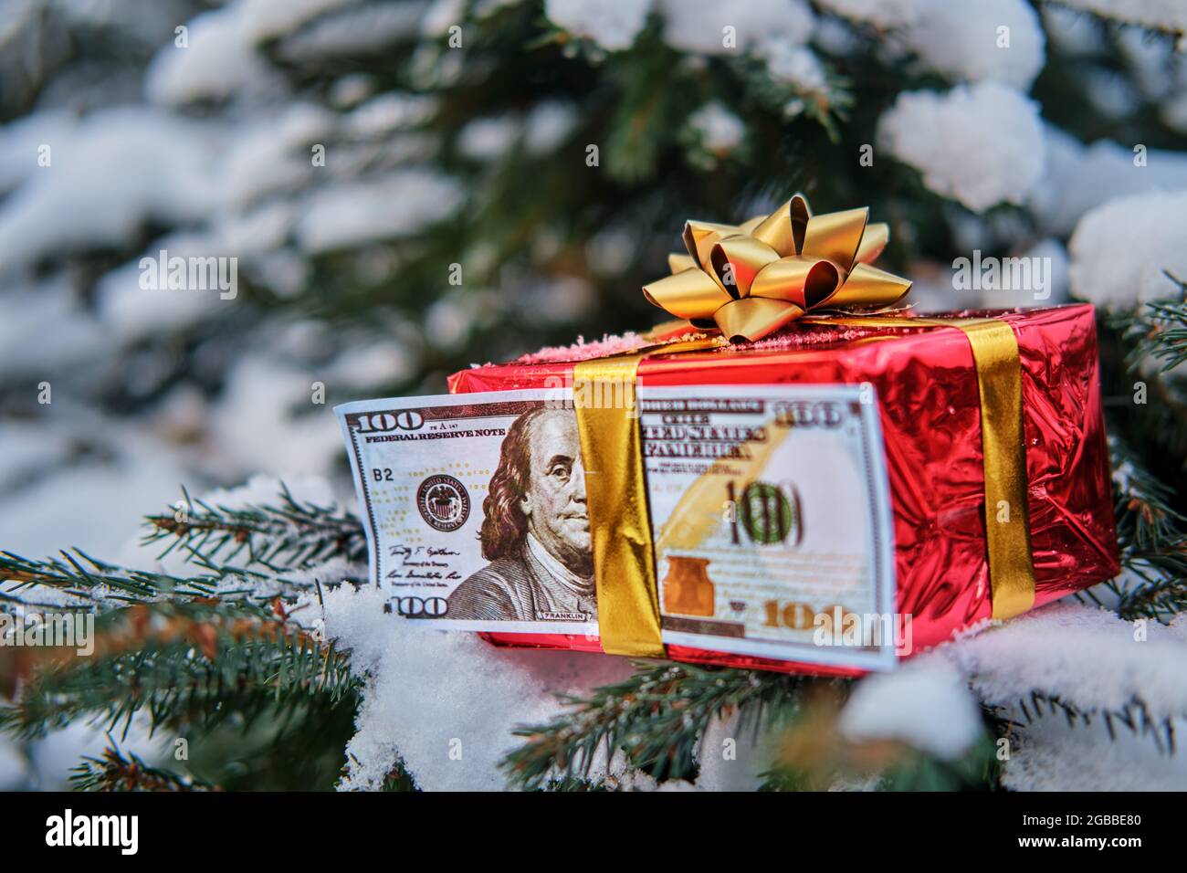 Los regalos en cajas rojas y el dinero en dólares americanos están  mintiendo debajo del árbol de Navidad en el año nuevo Fotografía de stock -  Alamy